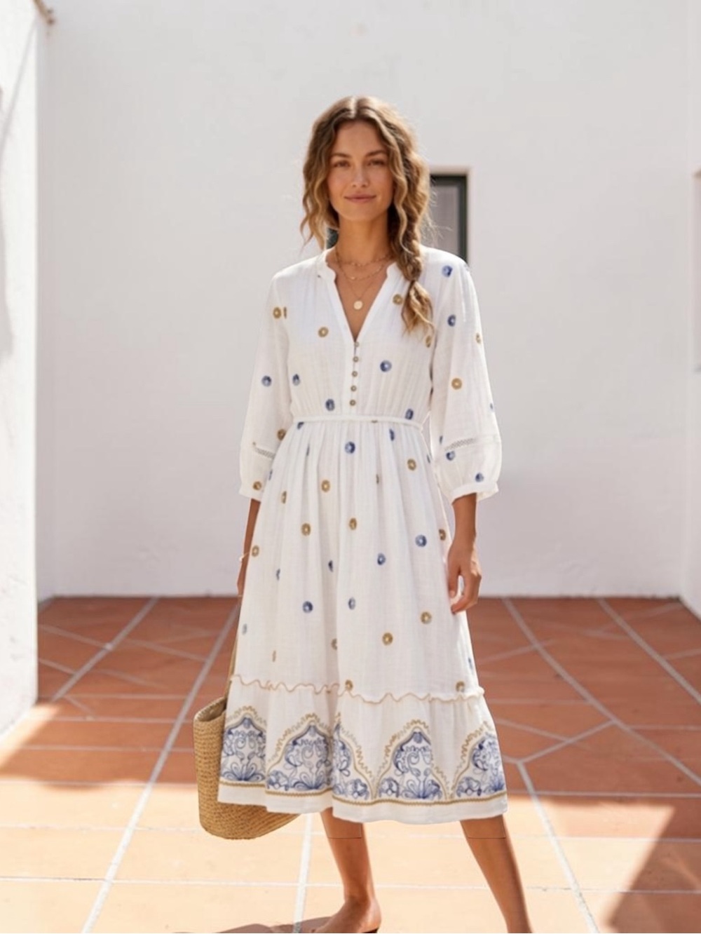 Figueroa & flower White Midi Dress with Blue & Gold Embroidery